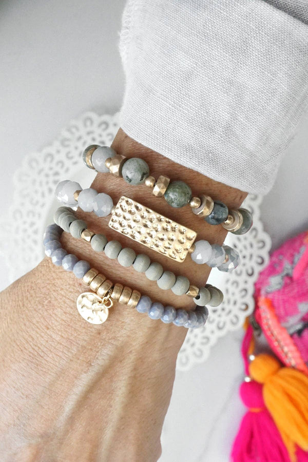 Beaded Bracelets stack of 4 piece with Gray Wood and Semi Precious bead stones glass golden coin