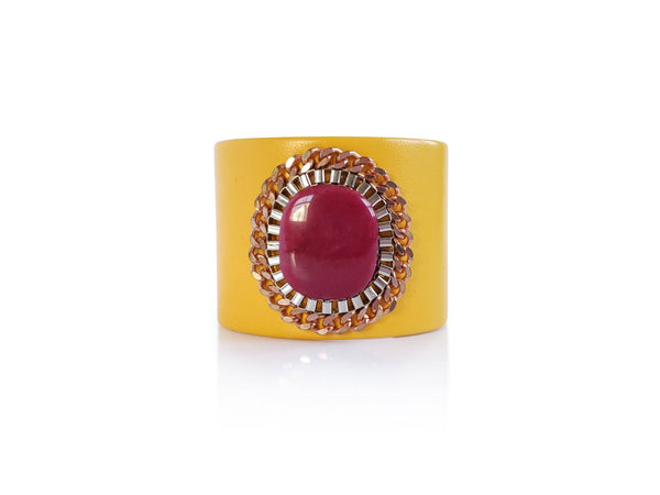 Fuchsia Agate Full Moon Yellow Leather Cuff