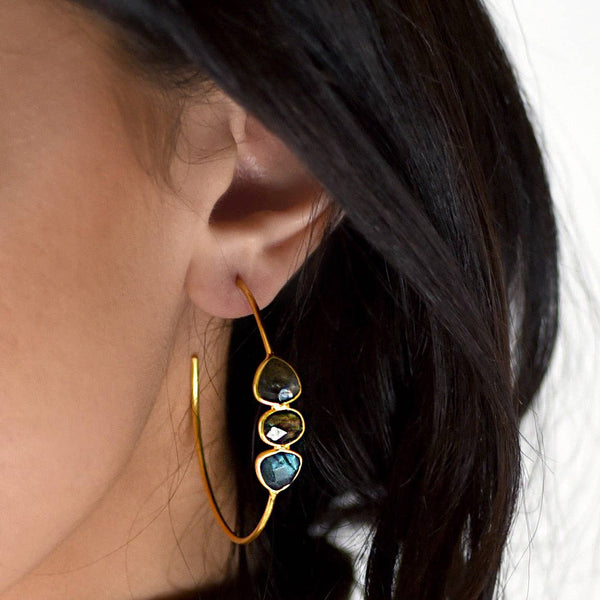 Gold Plated 3 stones hoop earrings