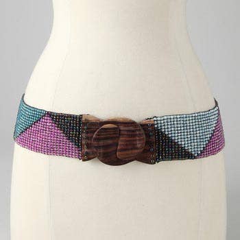 Hand loomed glass bead belt wood scroll triangles