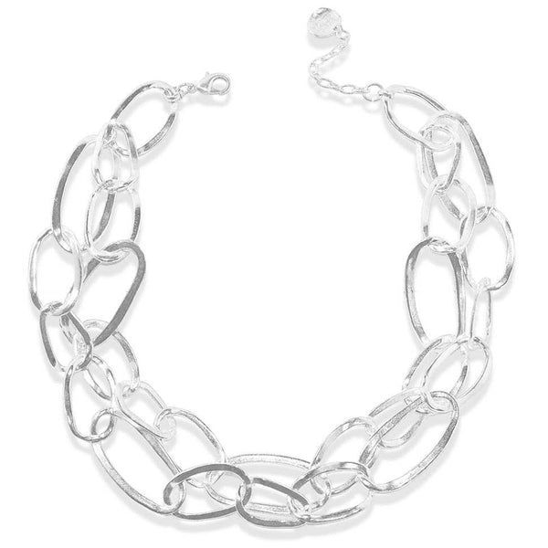 a silver chain bracelet with links on a white background