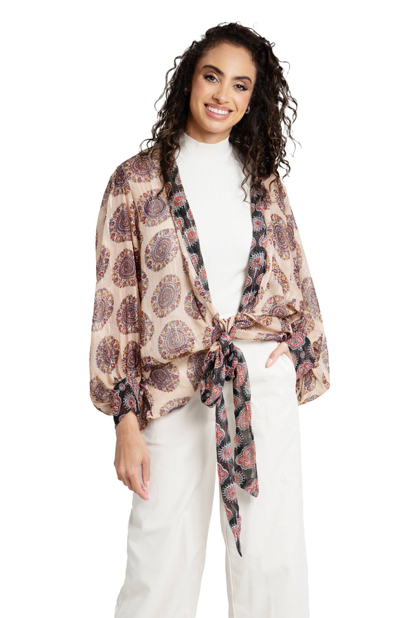 Scroll Print Tie Front Kimono