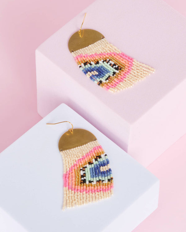 Beaded Handwoven Rainbow Fringe Earrings (Pink)