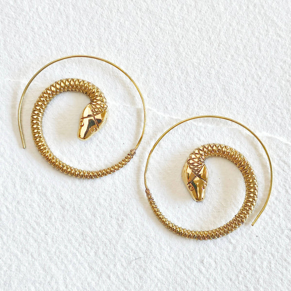 Brass swirl large snake hoop earrings