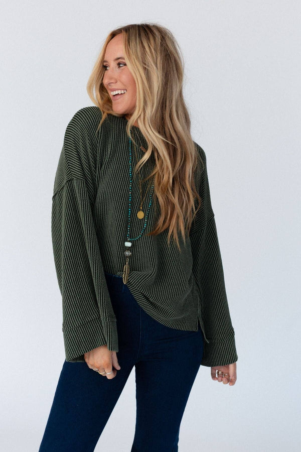 Love It Round Neckline Textured Top - Olive