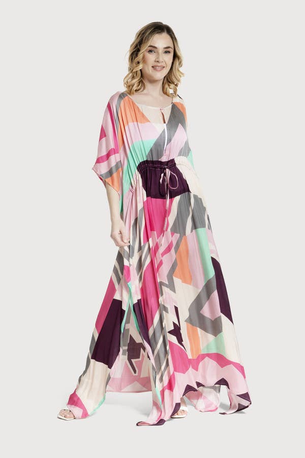 Multicolored Geo Tie Waist Keyhole Kaftan