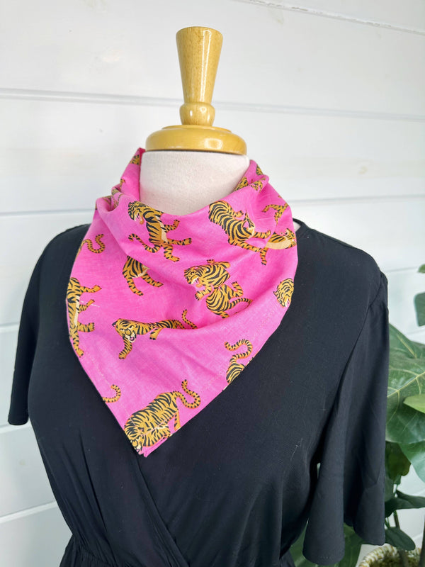 Tiger Print Bandana Handkerchief Cotton Scarf - Pink Tigers