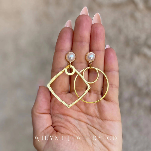 CLARITY Asymmetric Pearl Hoops | Square and Circle Earrings