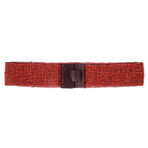 Hand loomed glass beaded belt wood buckle antique coral