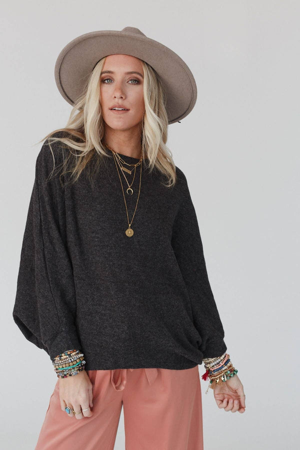 Fly With Me Batwing Sleeve Knit Sweater - Charcoal