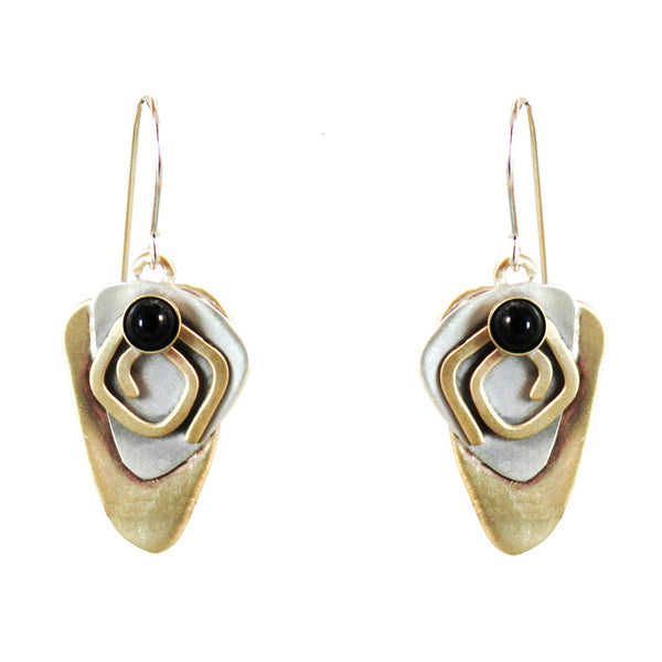 Labyrinth Earrings Onyx, Sterling and Brass