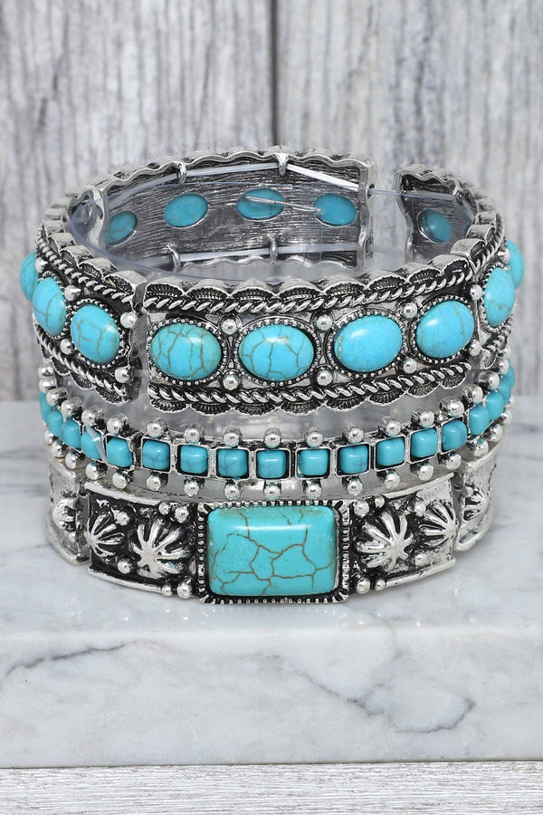 3 Piece Turquoise Semi Stone Beaded Stretch Bracelet Set