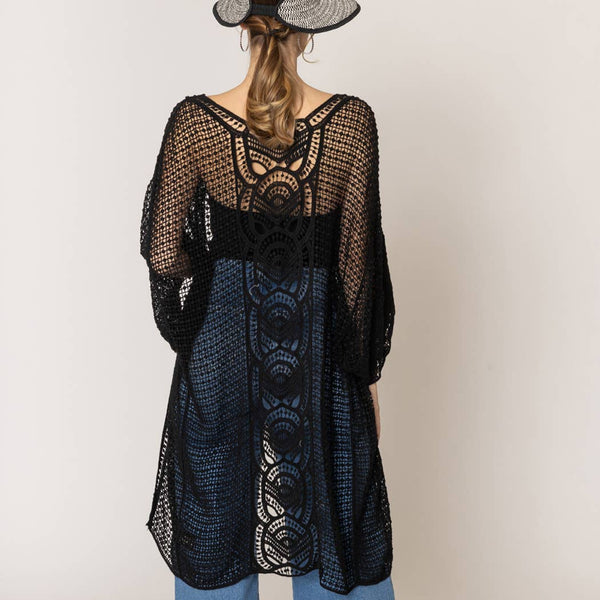 Semi-See-Through Lace Pattern Crochet Cardigan