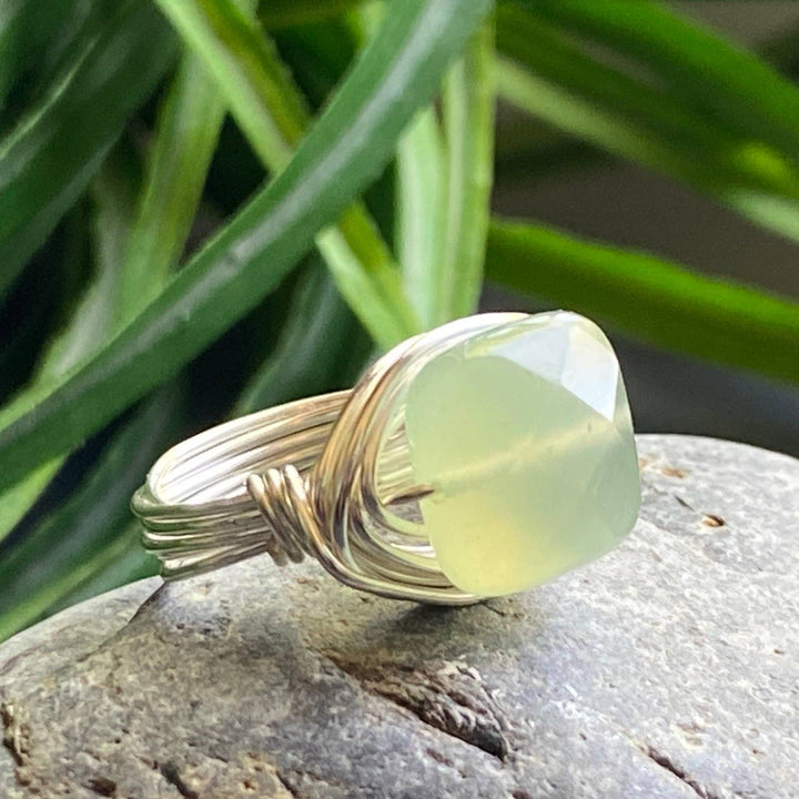 a ring sitting on top of a rock next to a plant