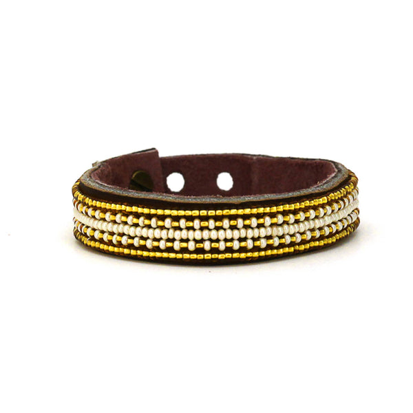 Small Gold and Pearl Stripe Leather Cuff