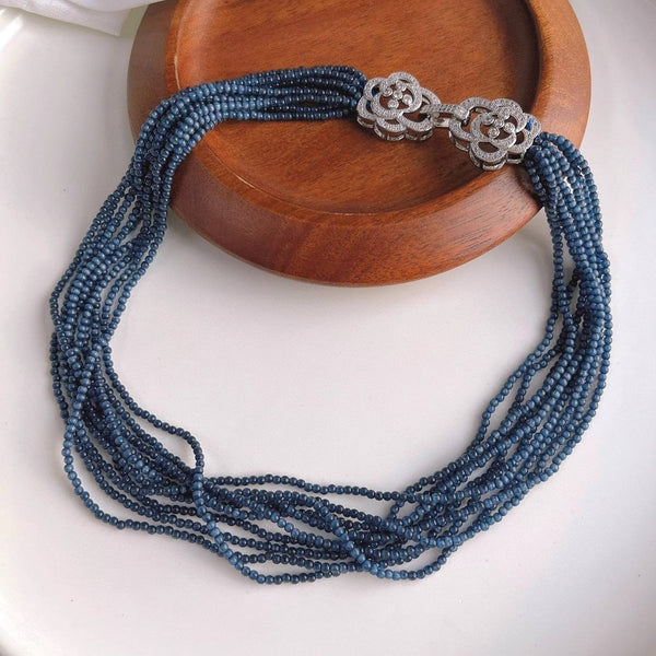 DarkBlue Cat's Eye Stones Braided Choker - Camille Flower Cl