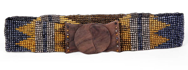 Hand Loomed Glass Bead Belt with Wood Scroll