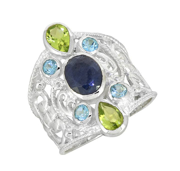 a silver ring with blue and green stones