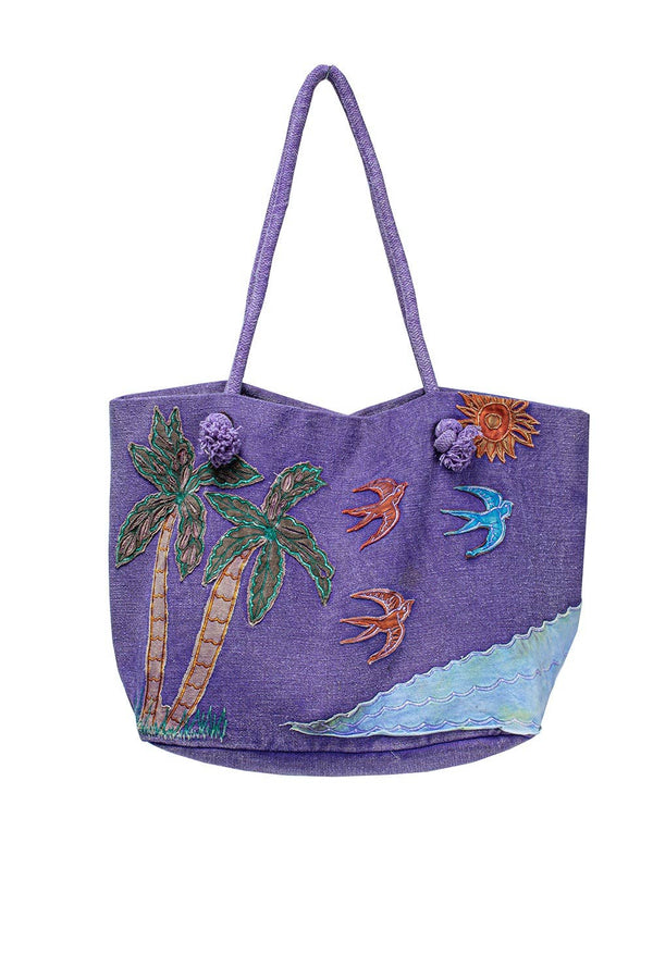 Stonewashed Purple Cotton Bag with Handcrafted Beach Design