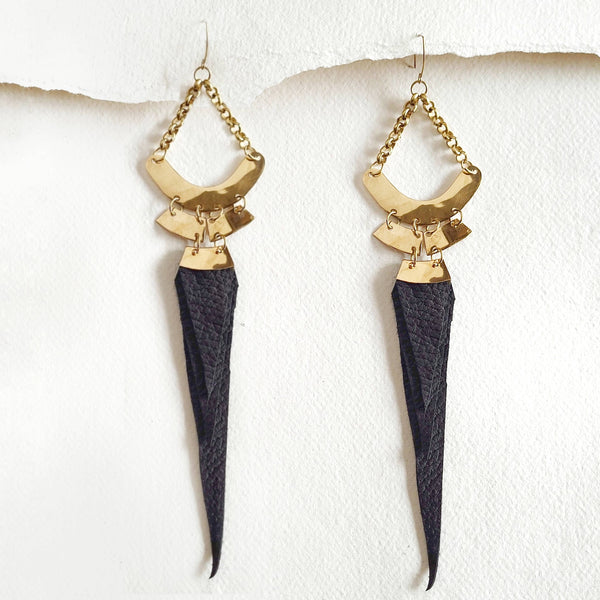 Brass leather feather earrings disconnected chandelier bold