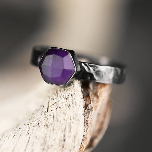 Ring w/ Amethyst Hexagon on a Hand Hammered Band  (Gunmetal)