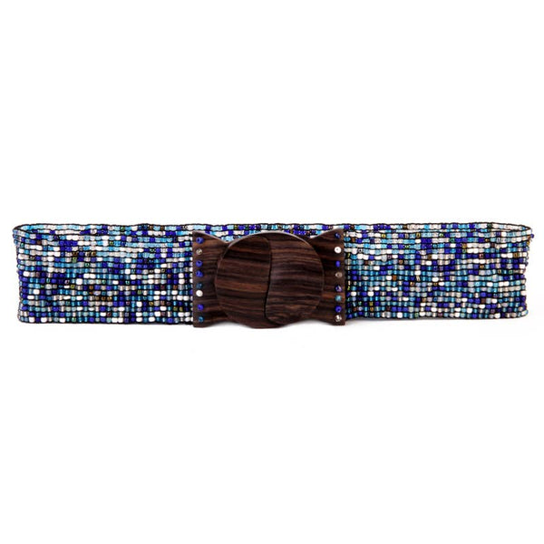 Hand loomed glass beaded belt wood scroll in maritime mix