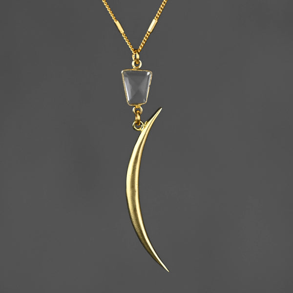 Brass Cast Moon Sliver w/ Faceted Crystal Quartz Necklace