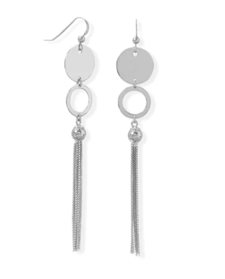 Rhodium Plated Disk and Circle Long Tassel Earrings