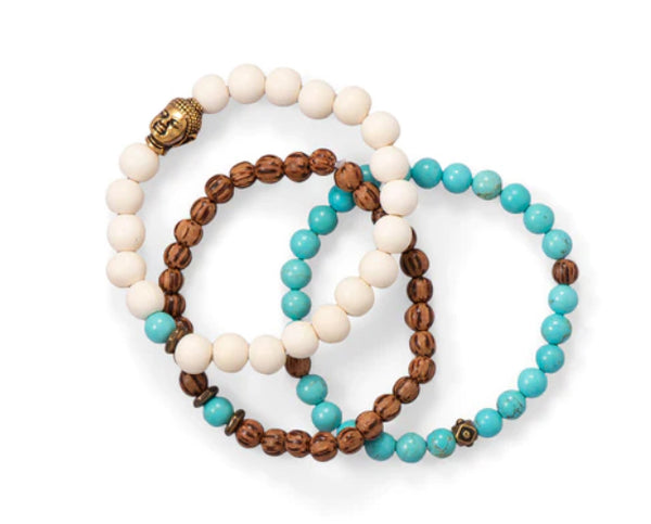 Wood and Magnesite Stretch Bracelet Set