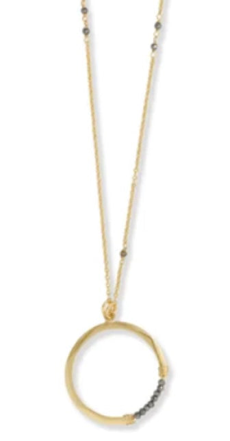 29" 14 Karat Gold Plated Open Circle Pyrite Necklace