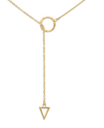 a gold necklace with a triangle on a chain