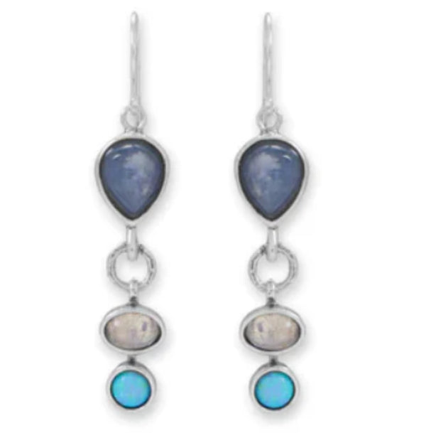 Rainbow Moonstone, Kyanite, and Synthetic Opal Drop Earrings