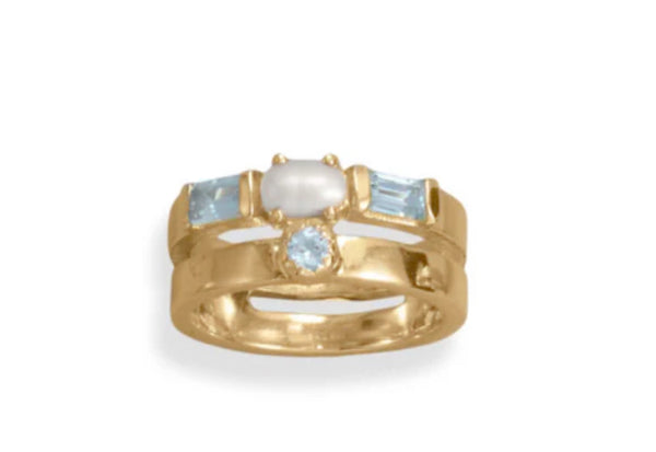 Clearance Sale! 14 Karat Gold Plated Double Band Pearl & Blue Topaz Ring