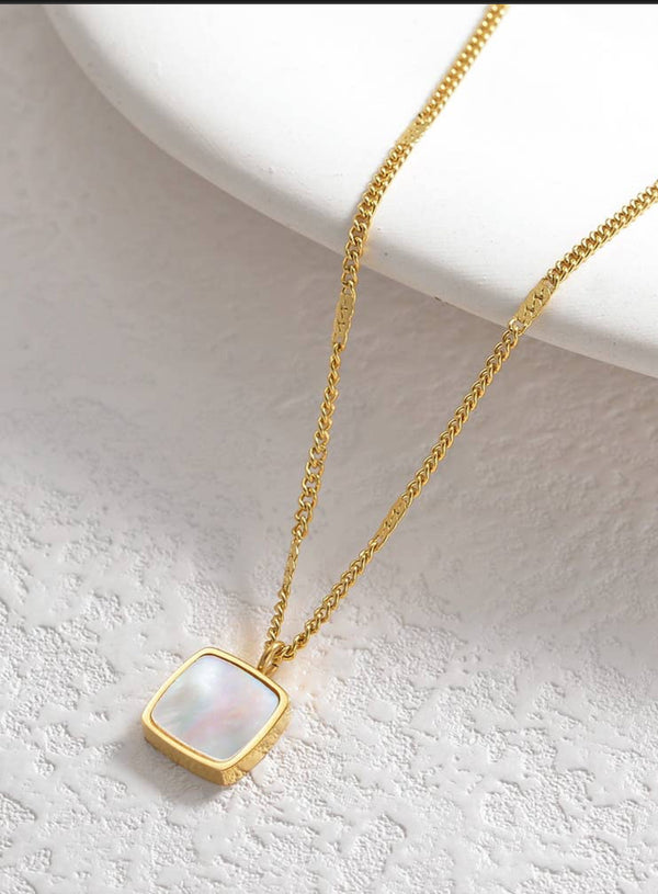 Gold Plated Pearl Square Pendant Necklace; Pearl Charm Necklace