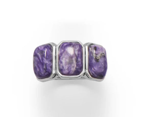 Charoite Sterling Silver Ring with 3 Rectangular Stones - Size 10mm x 7mm