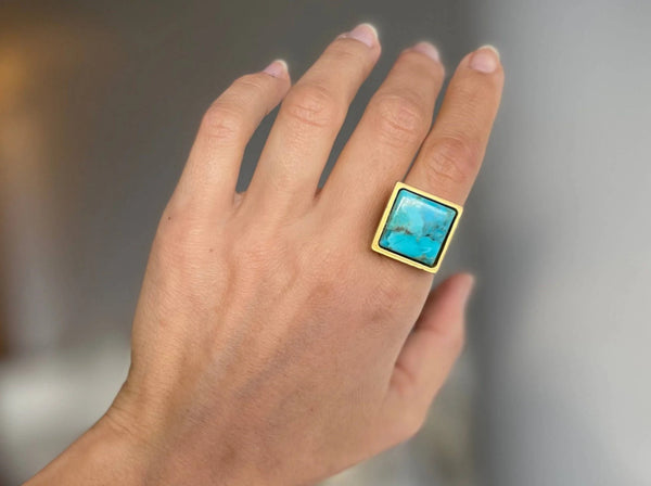 Turquoise Ring | 16mm Square Stone I 24K GP