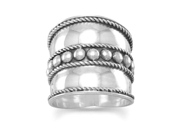 Bali Ring with Flat Beads and Rope Edge