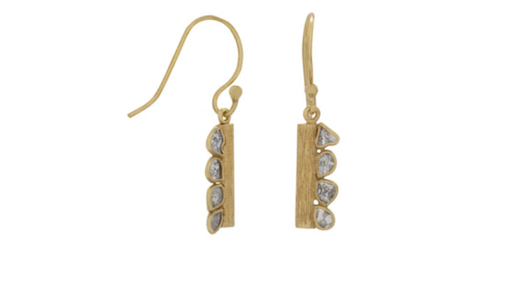 a pair of gold earrings with white stones