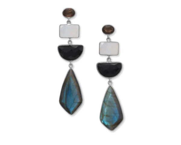 Rhodium Plated Geometric Stone Drop Earrings