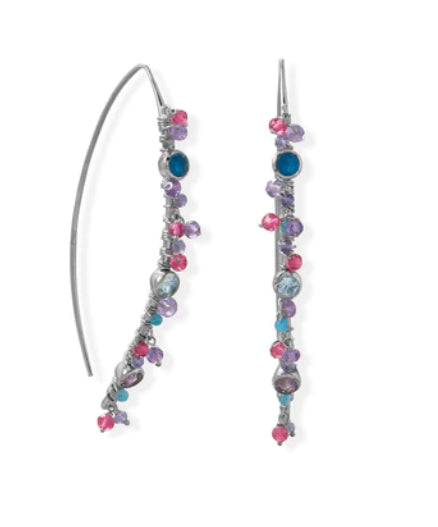 Rhodium Plated Marquise Long Wire Beaded Earrings