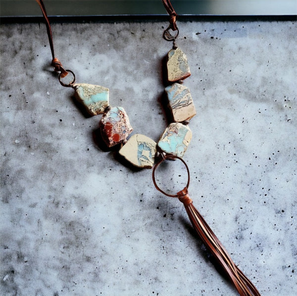 Aqua Terra Slab Necklace with Copper Hoop and Fringe Tassel