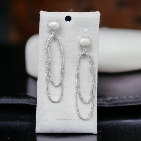 Rhodium Plated Cultured Freshwater Pearl and Textured Drop Earrings