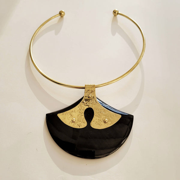 Carved horn hammered brass statement collar choker necklace