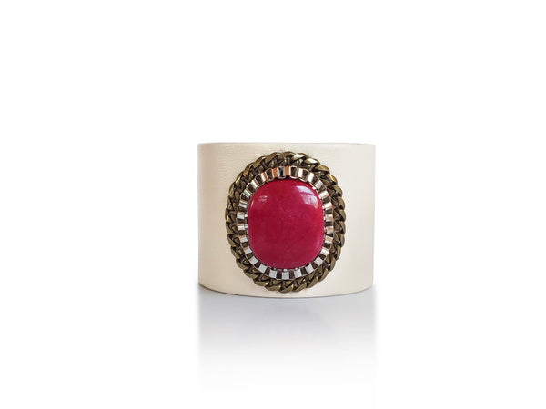 Fuchsia Agate Full Moon Beige Leather Cuff