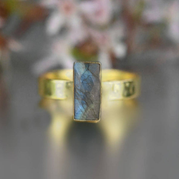 Rectangle Labradorite  Ring on a Hand Hammered Band