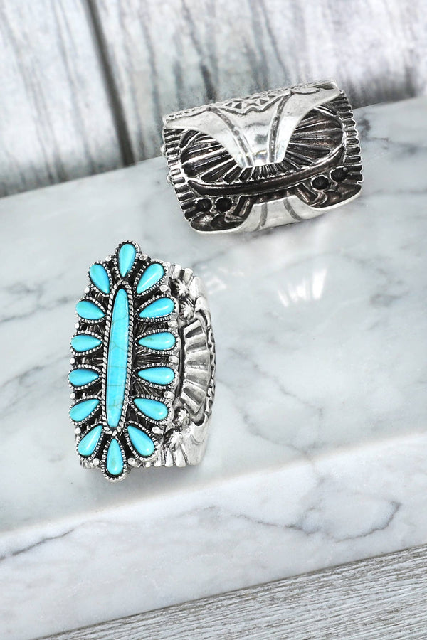 Western Turquoise Semi Stone Oval Concho Long Cuff Ring