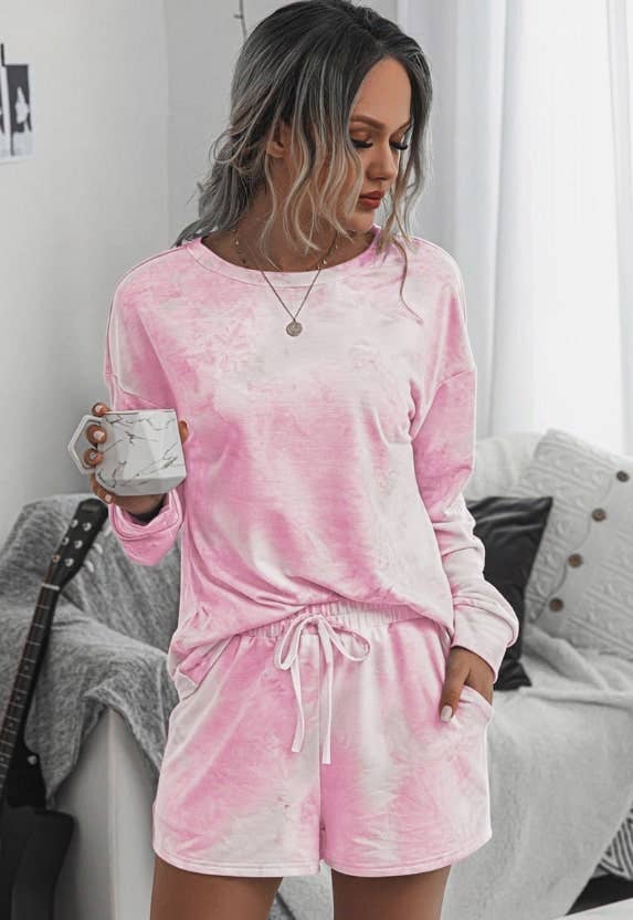 Light Pink Tie Dye Long Sleeves T-shirt and Shorts Sets