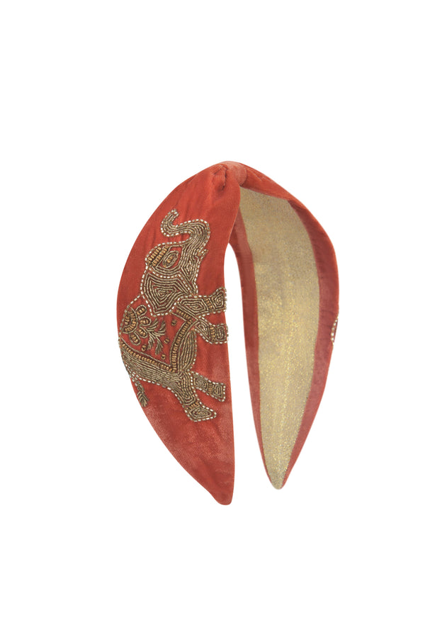 Velvet Beaded Headband - Elephant in Terracotta