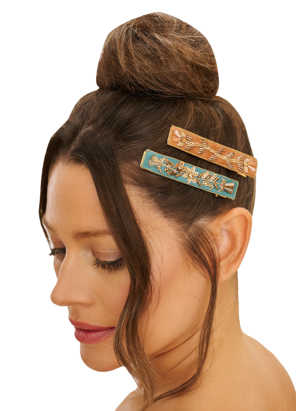 Narrow Jewelled Hair Bar (Set of 2) - Floral Vines