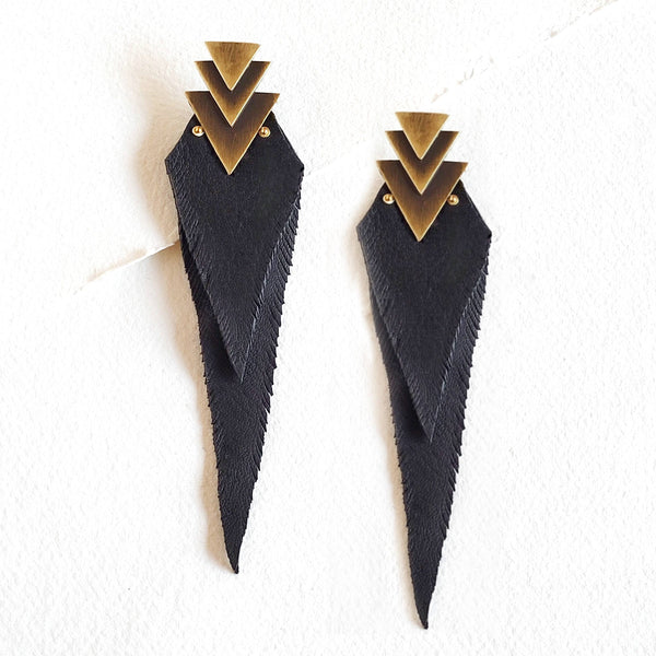 Leather feather aztec earrings Brass leather handmade